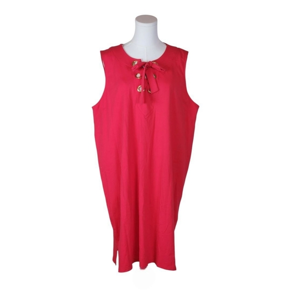 Michael Kors Hot Pink Sleeveless Shift Dress Lace-Up Neck Cotton Blend 2X - Picture 1 of 10